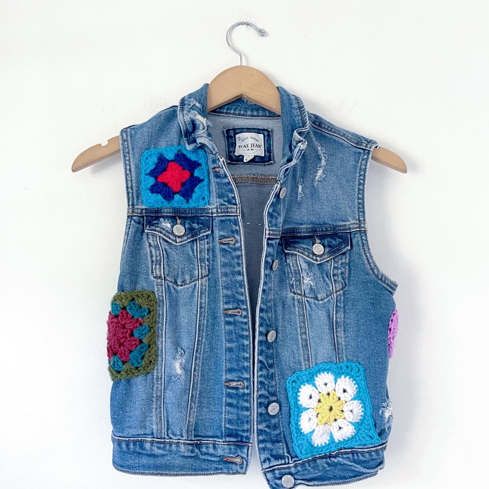 Boho Patchwork Denim Vest Small Upcycled Crochet Granny Square Retro Hippie